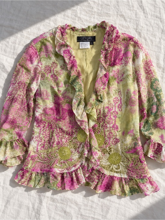 City Girl Jackets & Blazers - Vintage City Girl Nancy Bolen Pink Green Silk Blend Ruffle Blazer L